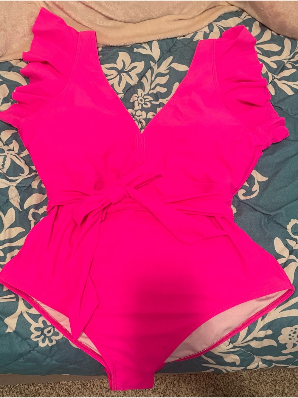 American Threads Hot Pink V-Neck Ruffle Sleeve One-Piece Swimsuit with Belt